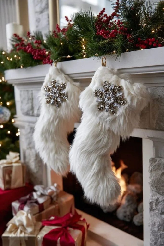 Elegant white faux fur Christmas stockings