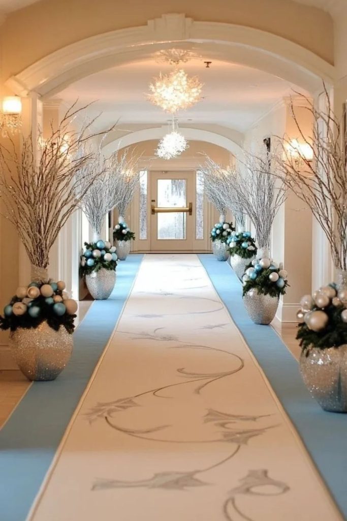 Elegant White and Gold Christmas Hallway