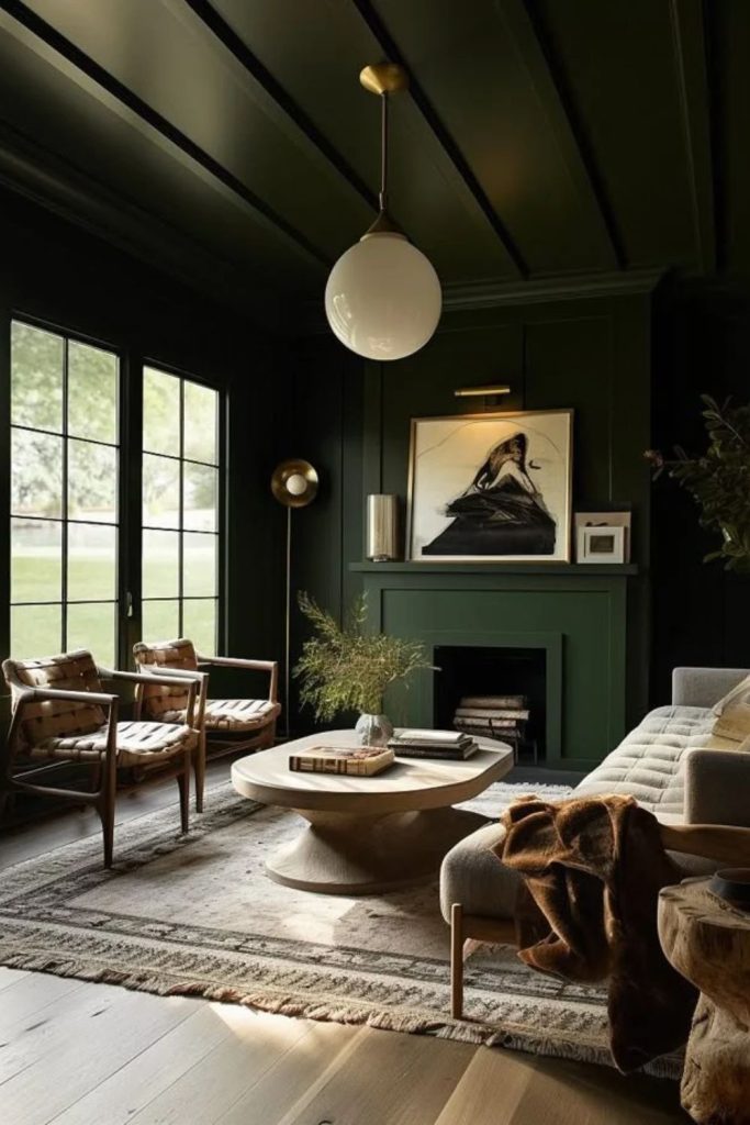 Emerald green color-drenched statement ceiling.