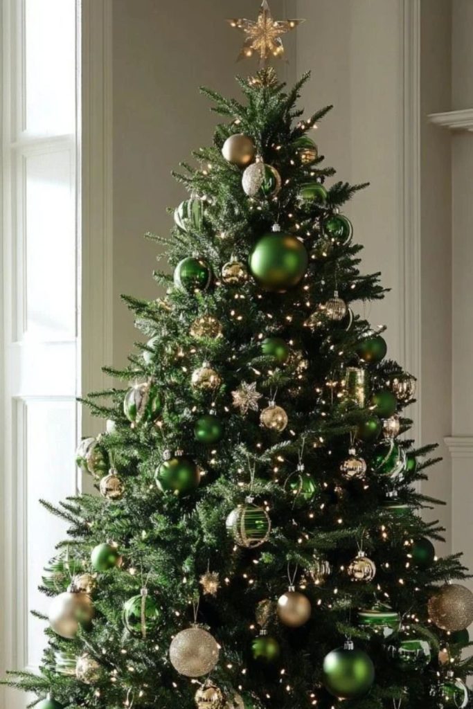 Emerald green Christmas tree with golden ornaments.
