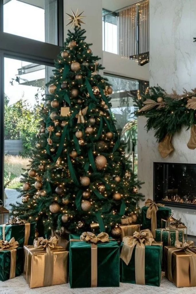 Emerald green and gold flocked Christmas tree.