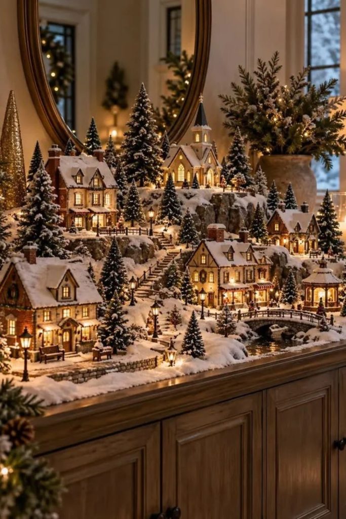 Enchanted Christmas village with twinkling fairy lights.