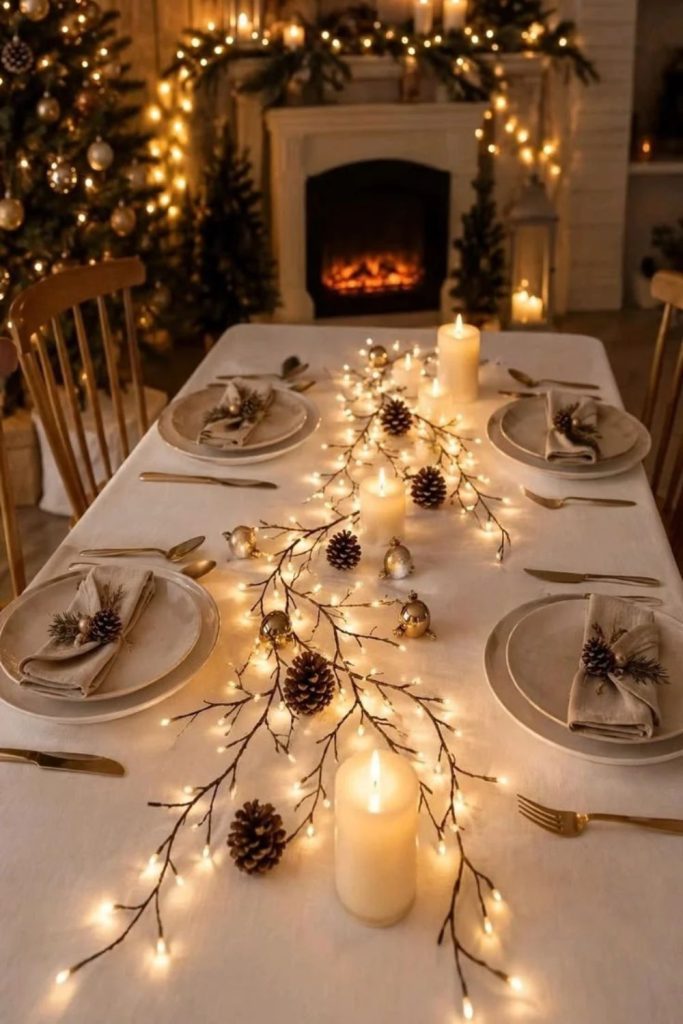 Magical fairy light Christmas dining table decorations.