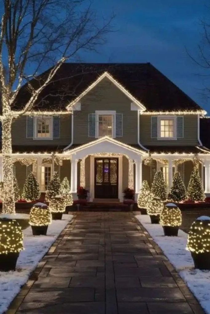 Enchanted front yard filled with Christmas lights.