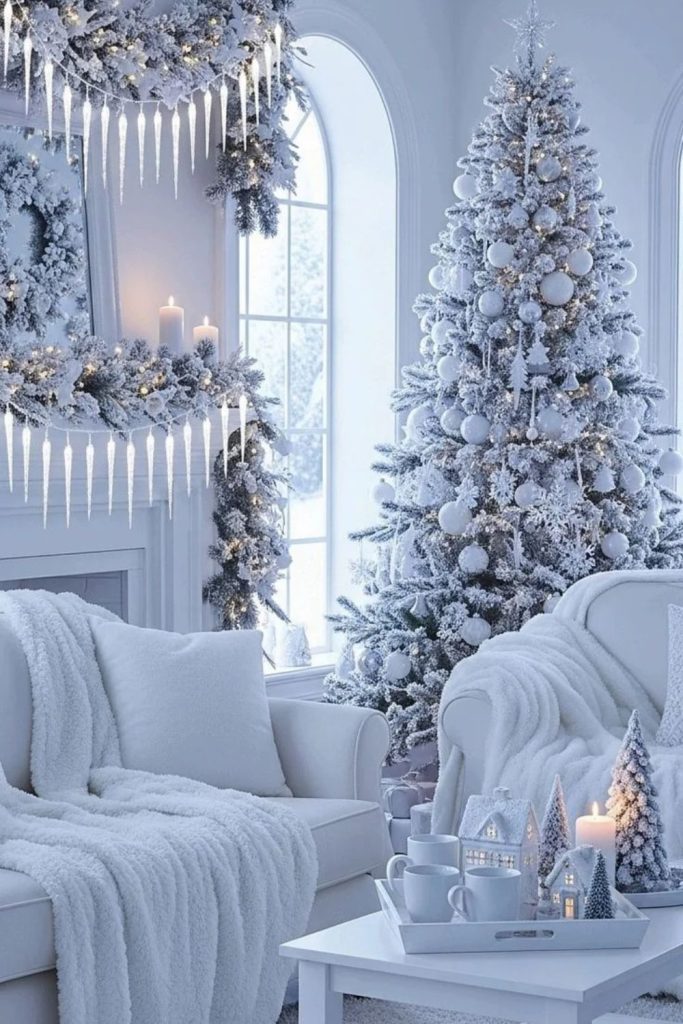 Enchanted white winter wonderland with sparkling Christmas decorations.