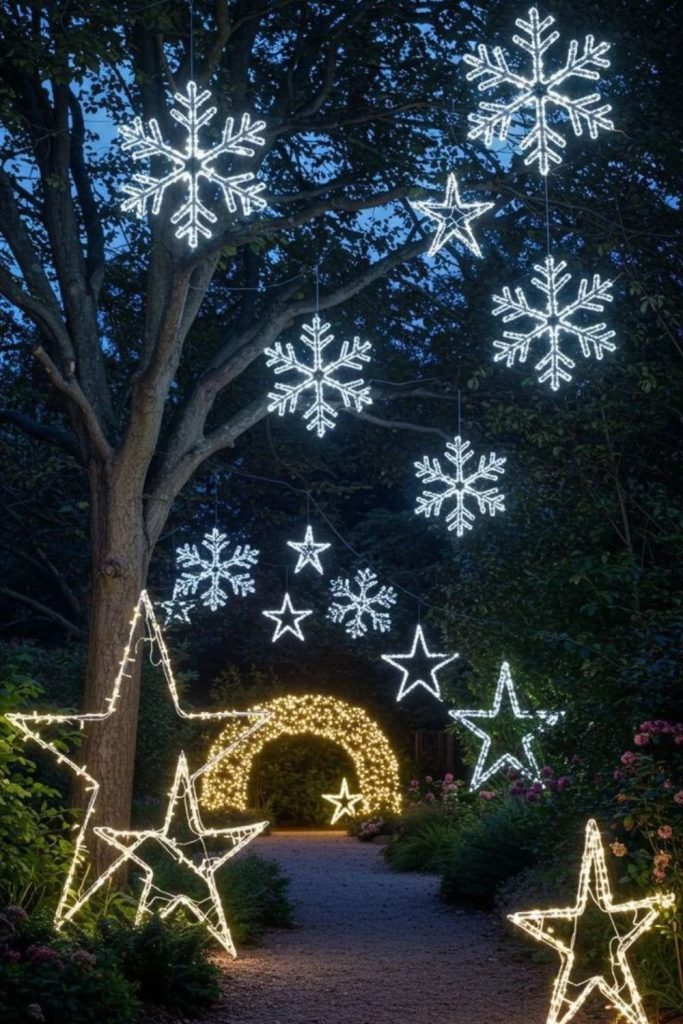 Illuminated snowflake decorations creating winter wonderland magic.