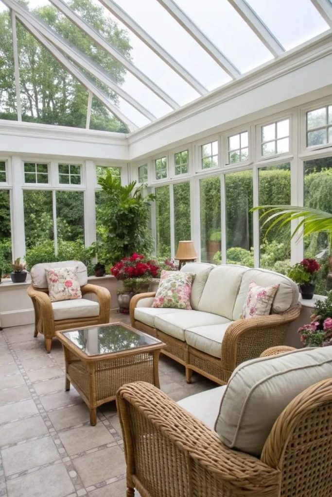 English Country Conservatory with Floral Decor.