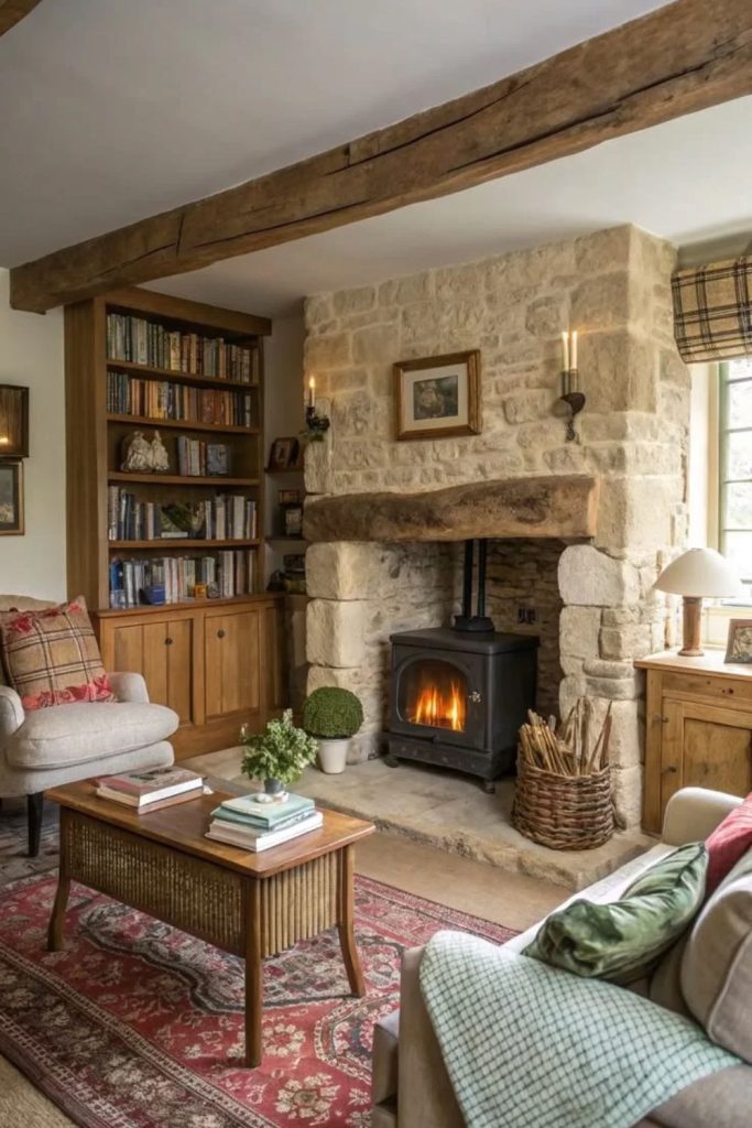 English country living room fireplace setting.