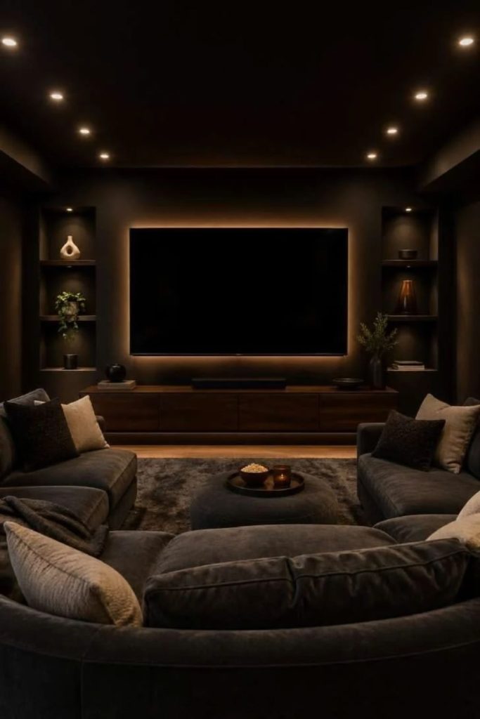 Espresso brown cozy colour drenched media room.