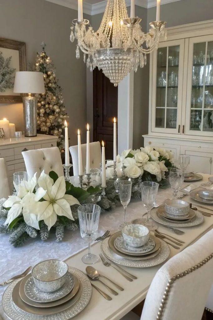 Elegant eucalyptus and silver Christmas table decor.
