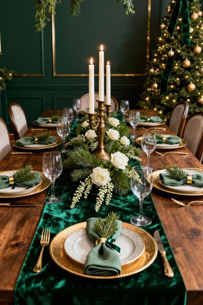 Elegant Christmas dining table with evergreen garland.