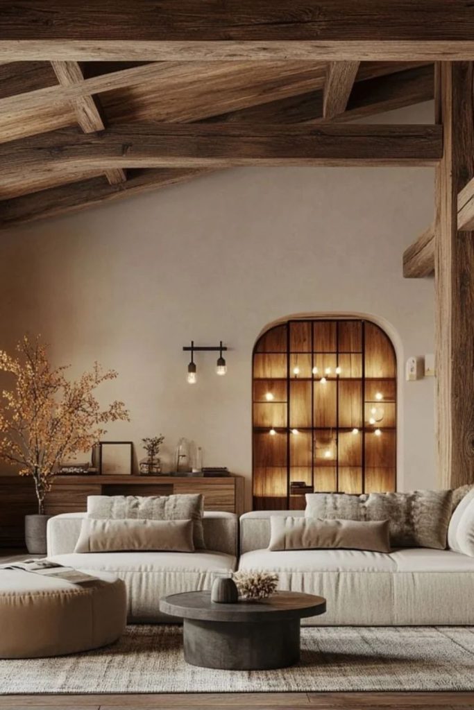 Exposed timber vaulted ceiling design.