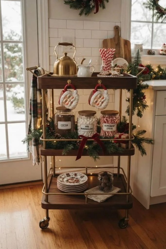 Farmhouse Christmas bar cart with rustic wooden accents.