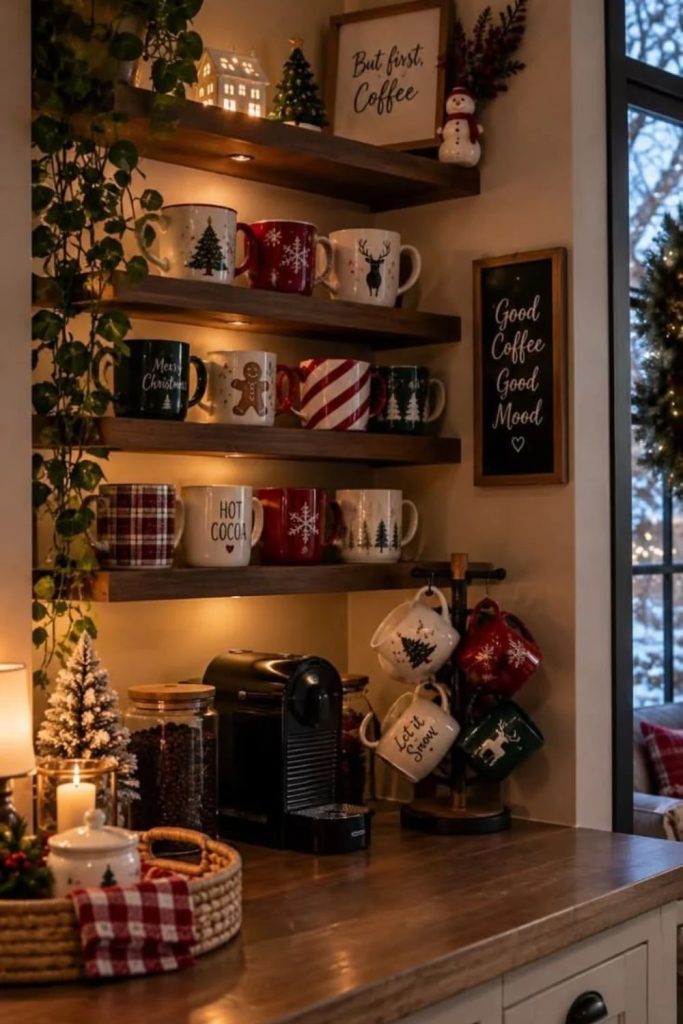 Farmhouse Christmas coffee station with ceramic mugs.