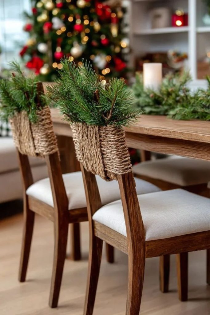 Farmhouse Christmas dining chairs with plaid bows.