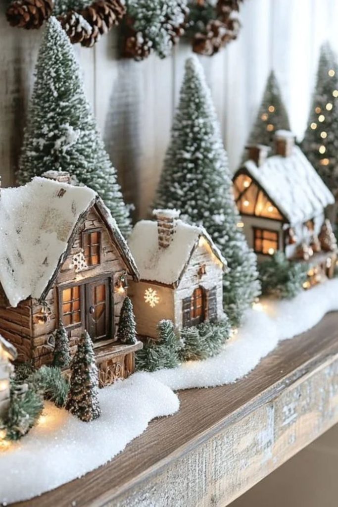 Farmhouse Christmas village with rustic cottages.