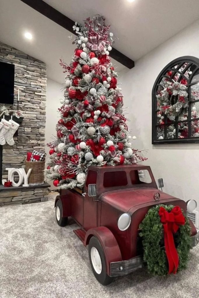 Red truck farmhouse flocked Christmas tree decorations.