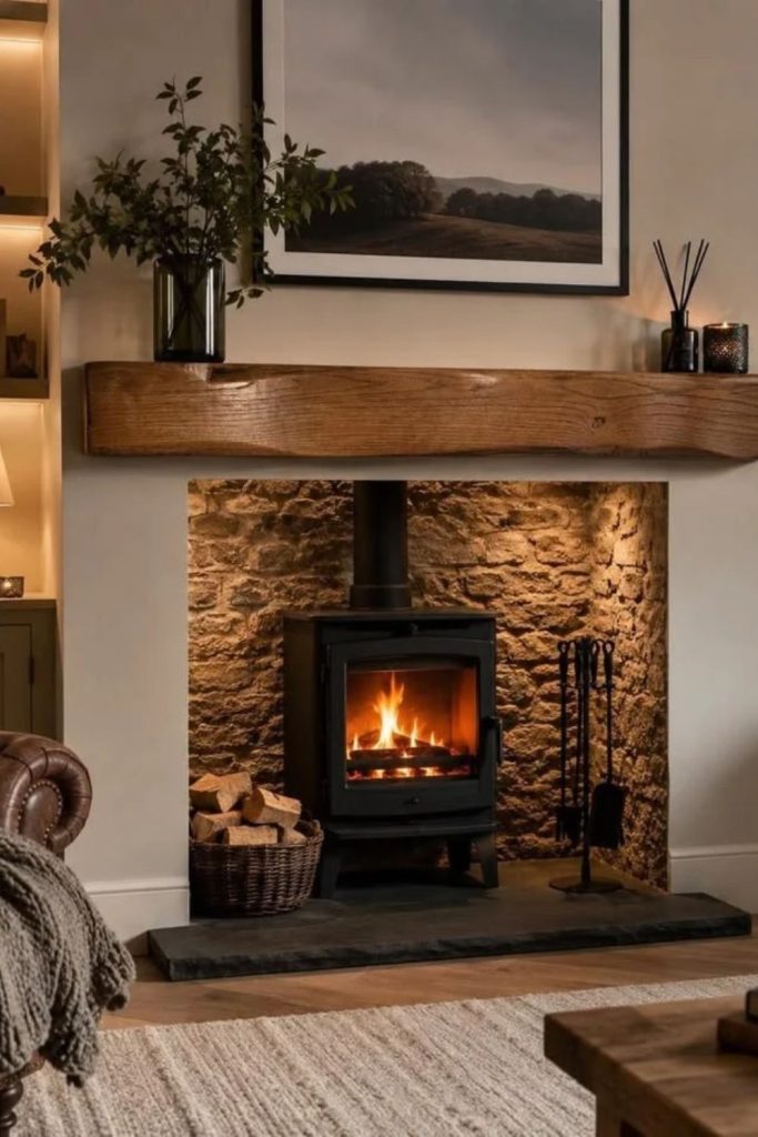 Farmhouse timber room with log burner.