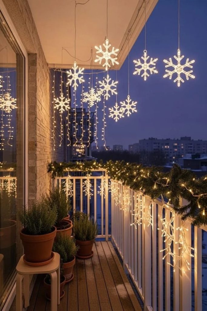 Festive fairy lights decorating outdoor balcony railings.