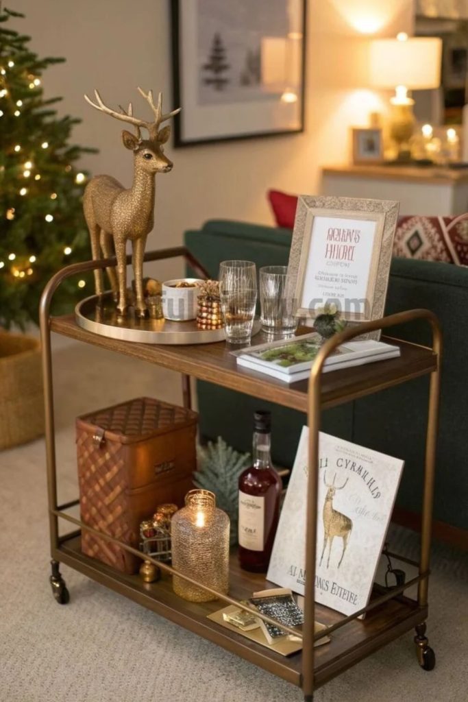 Champagne Christmas bar cart with elegant golden accents.