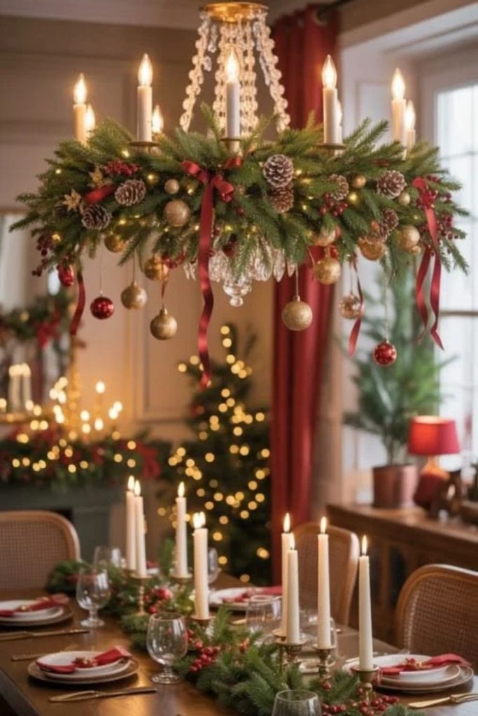 Festive Christmas chandelier with evergreen garland.