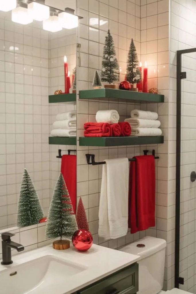 Festive Christmas hand towels displayed on bathroom rack.