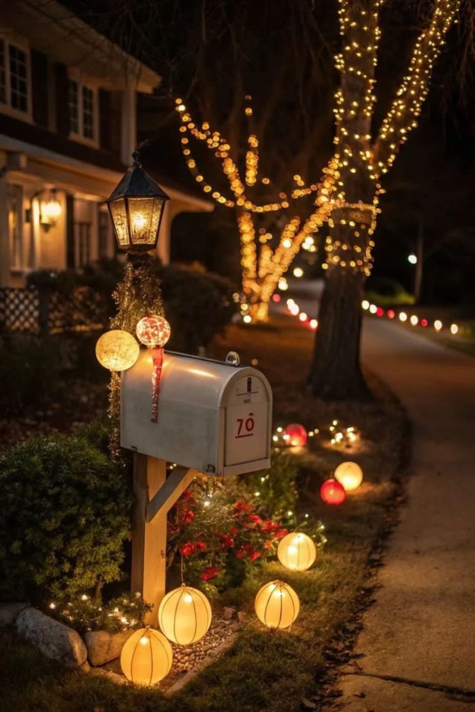 Festive mailbox decorated with Christmas lights and greenery.
