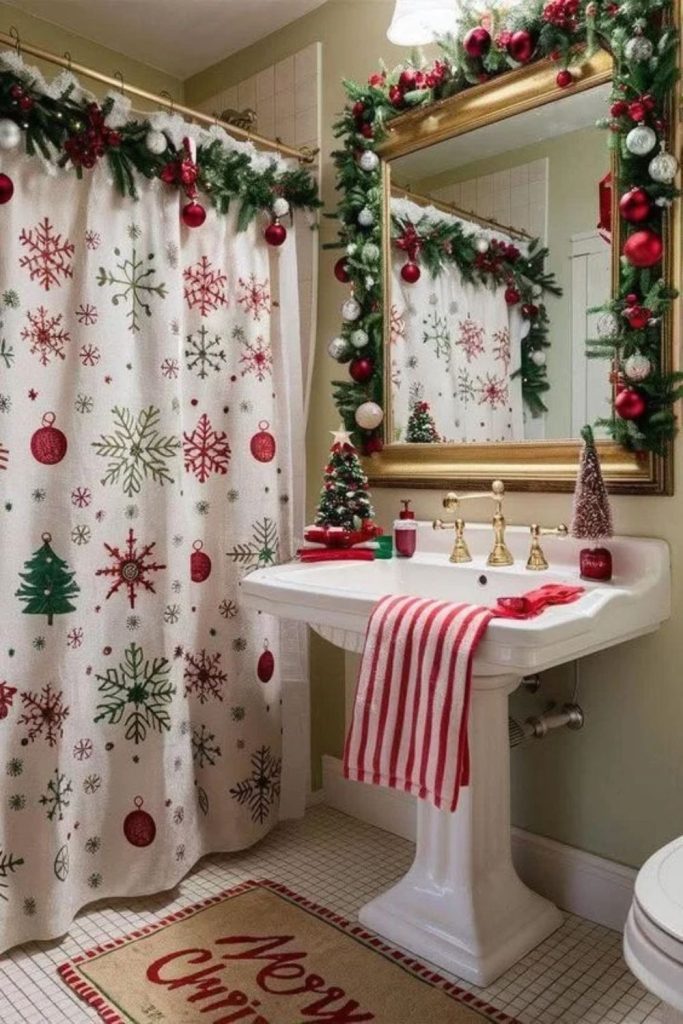Festive Christmas shower curtain with seasonal patterns.