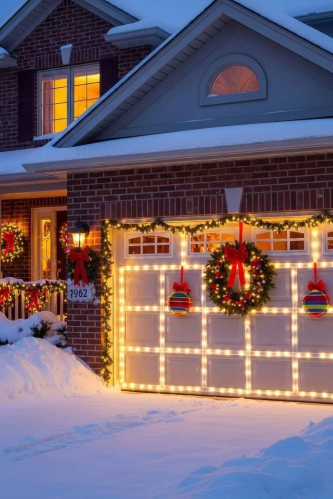 Festive Christmas lights outlining garage door frames.