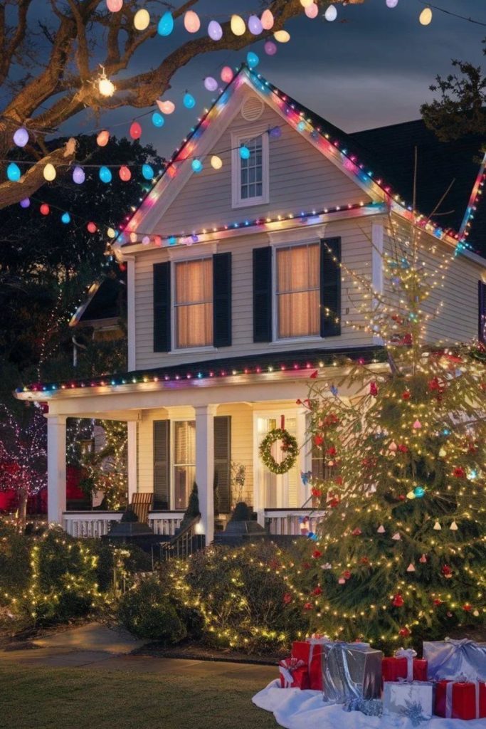 Colorful multicolored Christmas lights decorating house rooflines.
