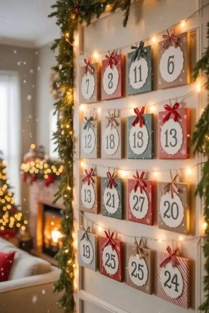 Festive paper bag advent calendar decorations.