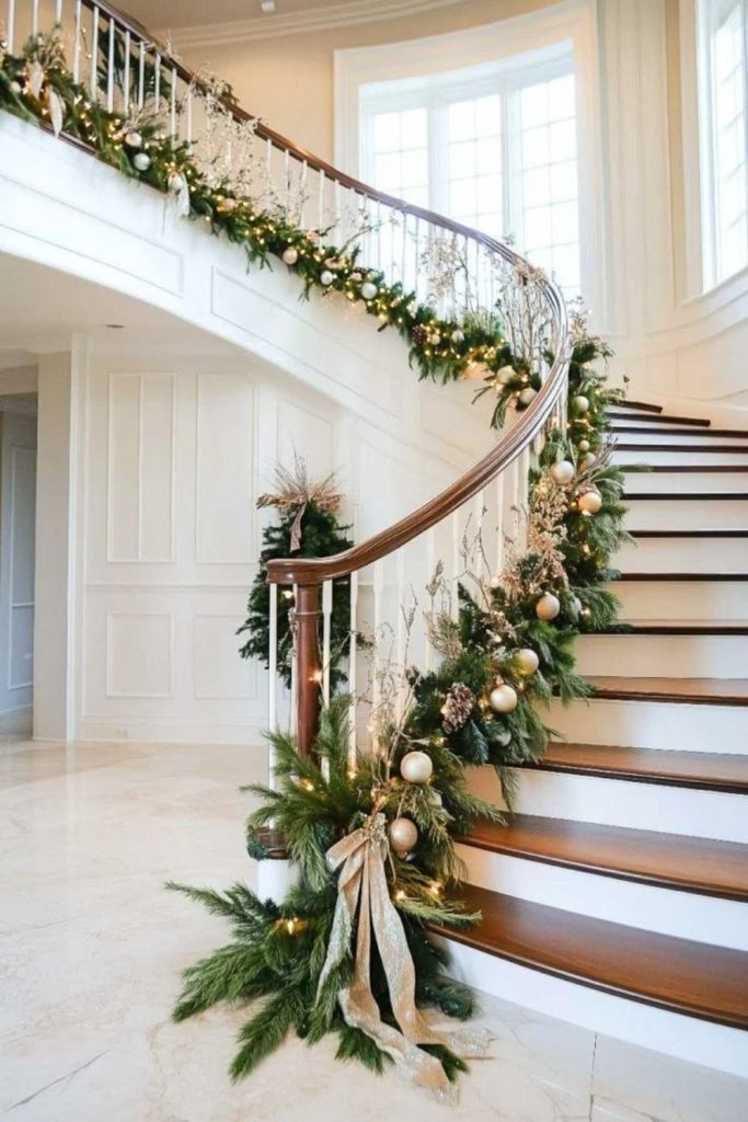 Festive Staircase Garland with Christmas Lights