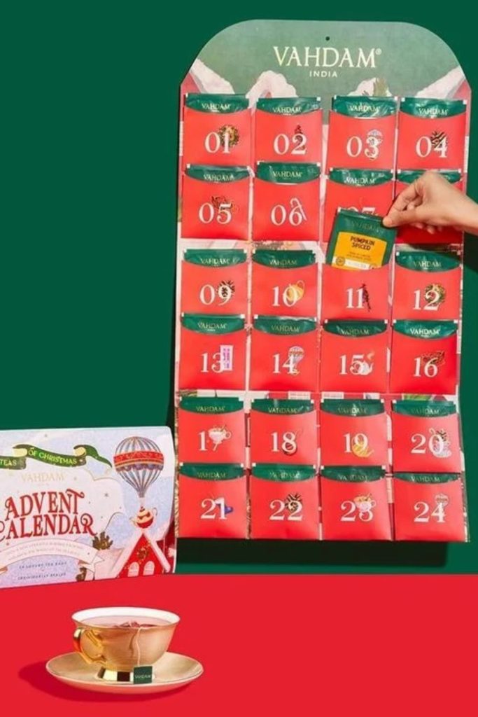 Festive tea advent calendar with assorted flavors.