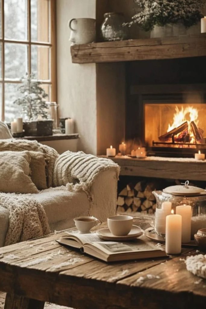 Fireplace-focused hygge living room with plush furnishings.