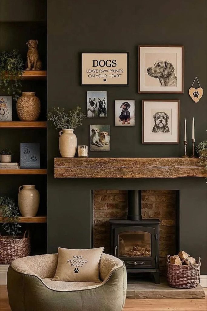 Gallery wall surrounding a log burner.