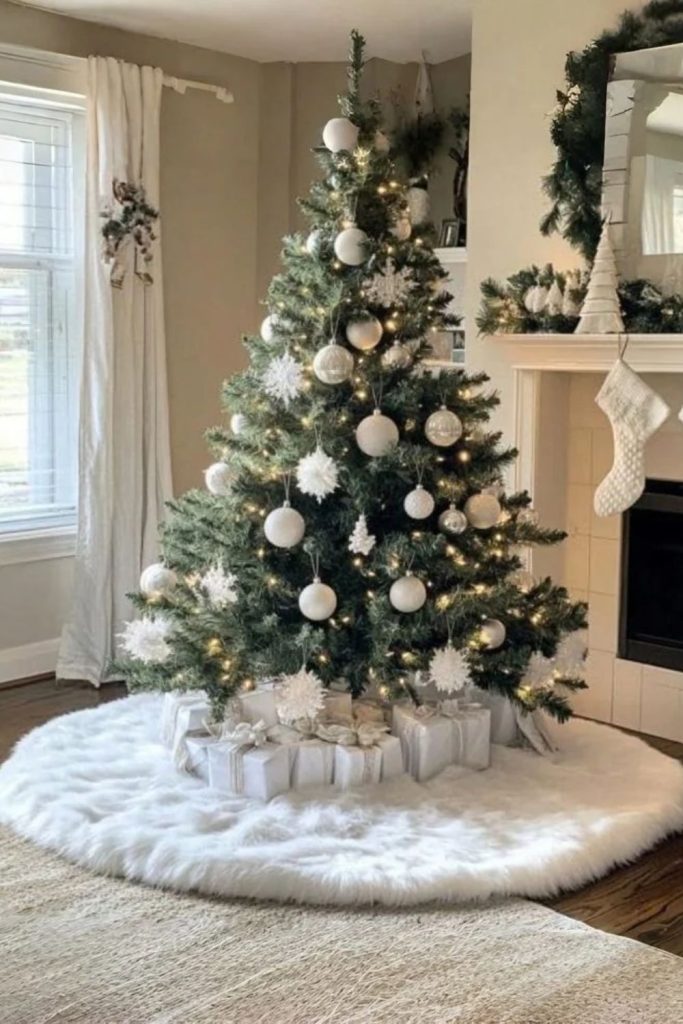 Fluffy white Christmas tree skirt with wrapped gifts.