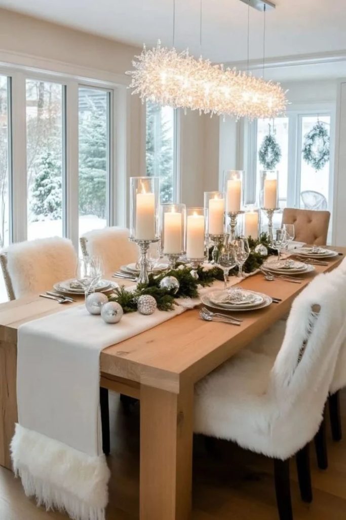 Frosted evergreen Christmas centerpiece with silver ornaments.