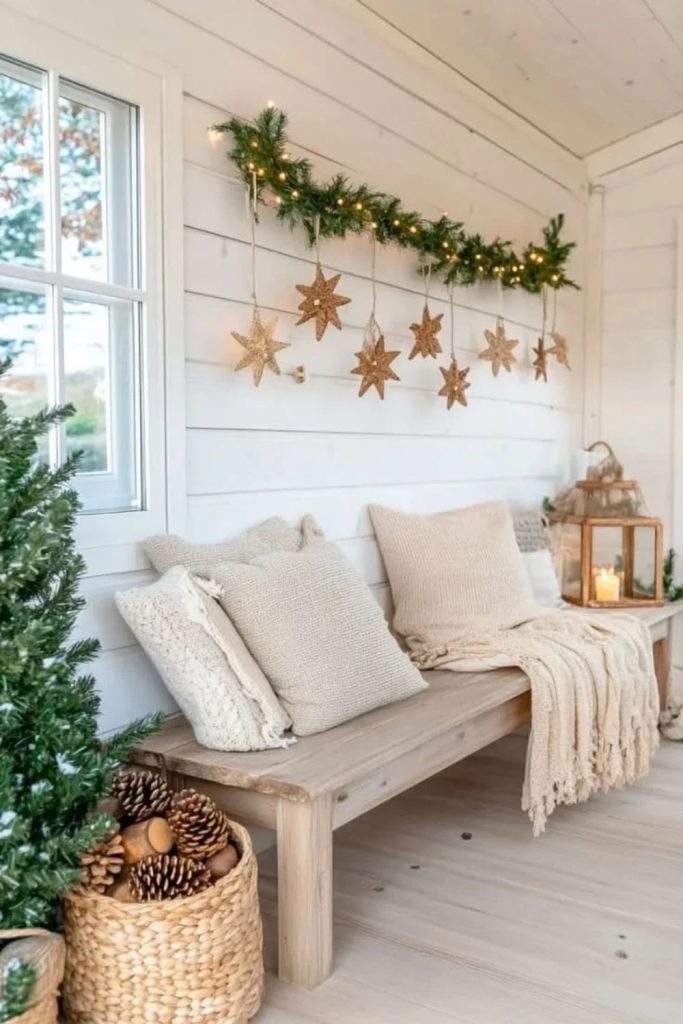 Frosted Nordic forest Christmas entryway decor.