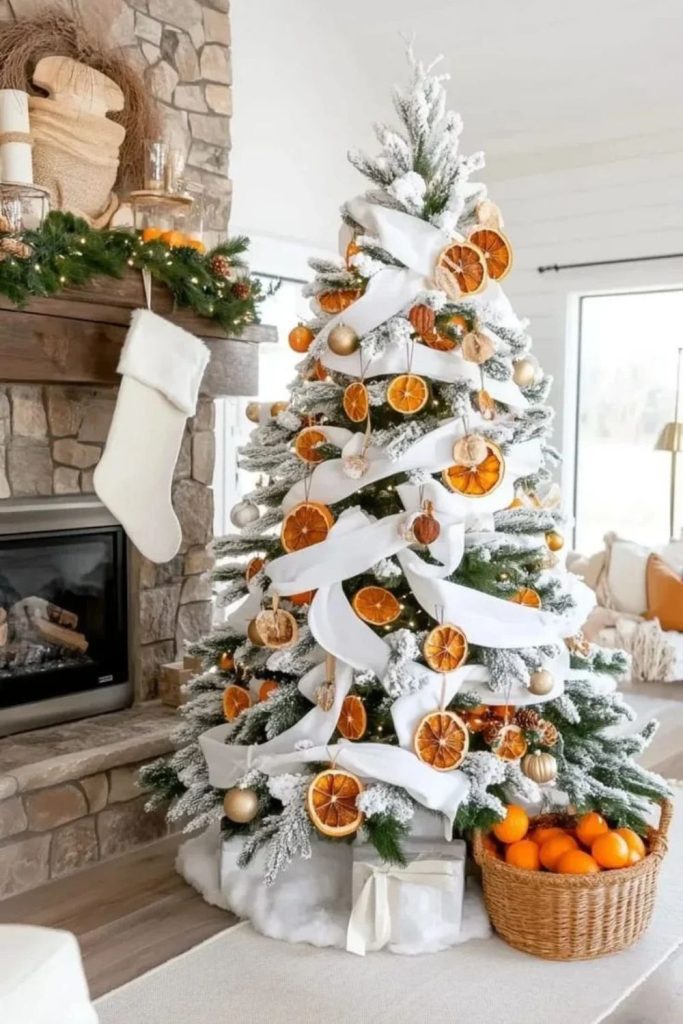 Dried orange slice flocked Christmas tree decorations.
