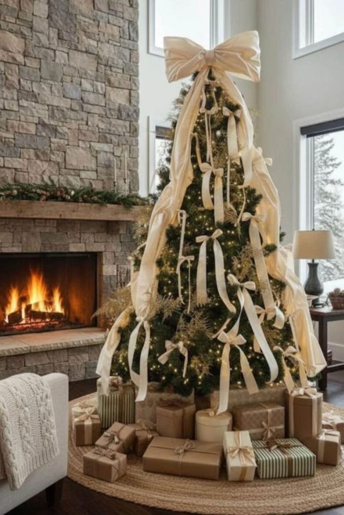 Flocked Christmas tree with oversized velvet bows.