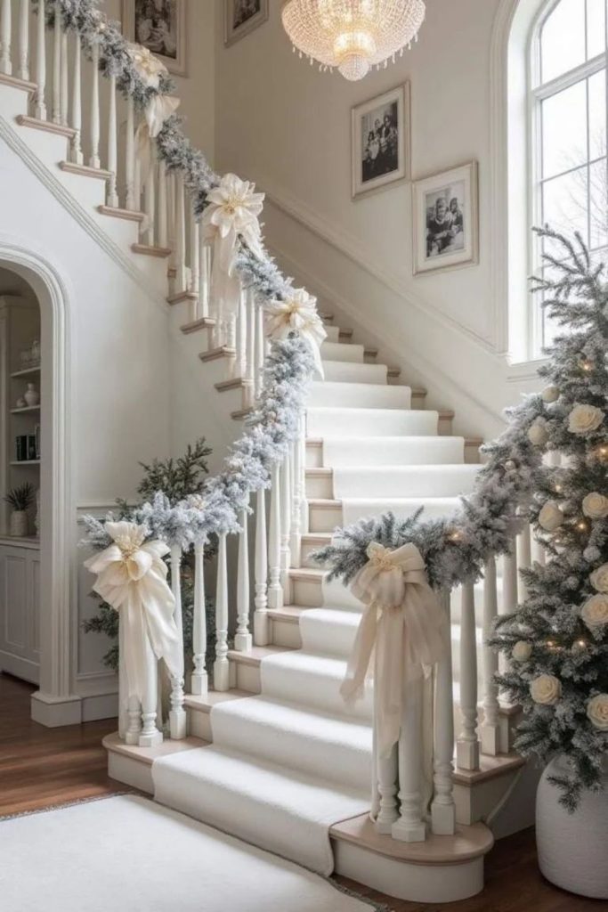 Frosted Christmas garland with white berries and lights.