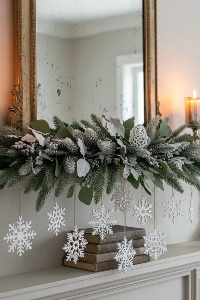 Frosted winter garland with silver ornaments.