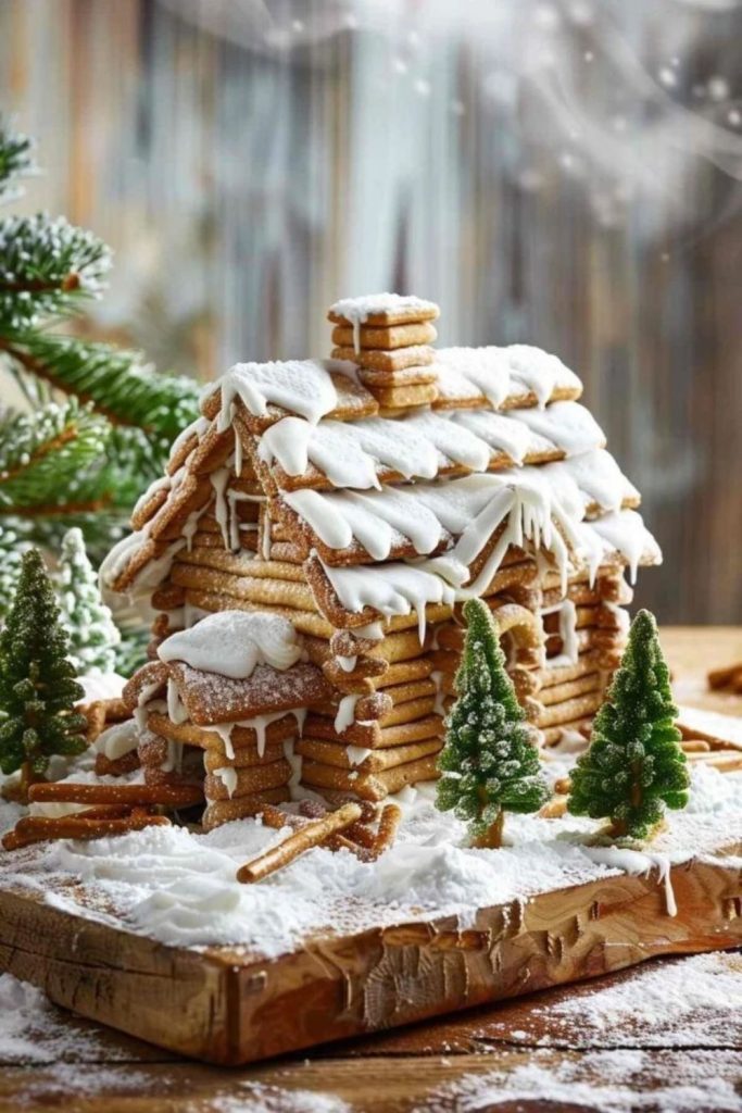 Frosted Woodland Cabin Gingerbread House