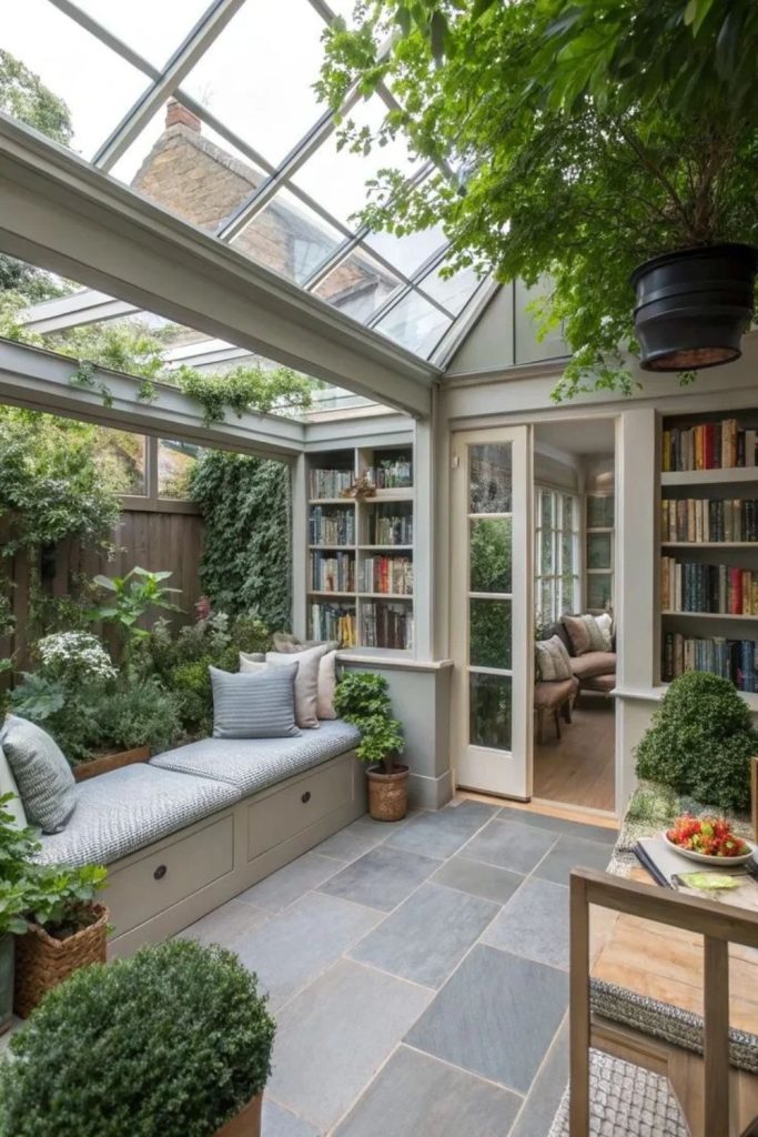 Garden Library Orangery with Cozy Bookshelves.