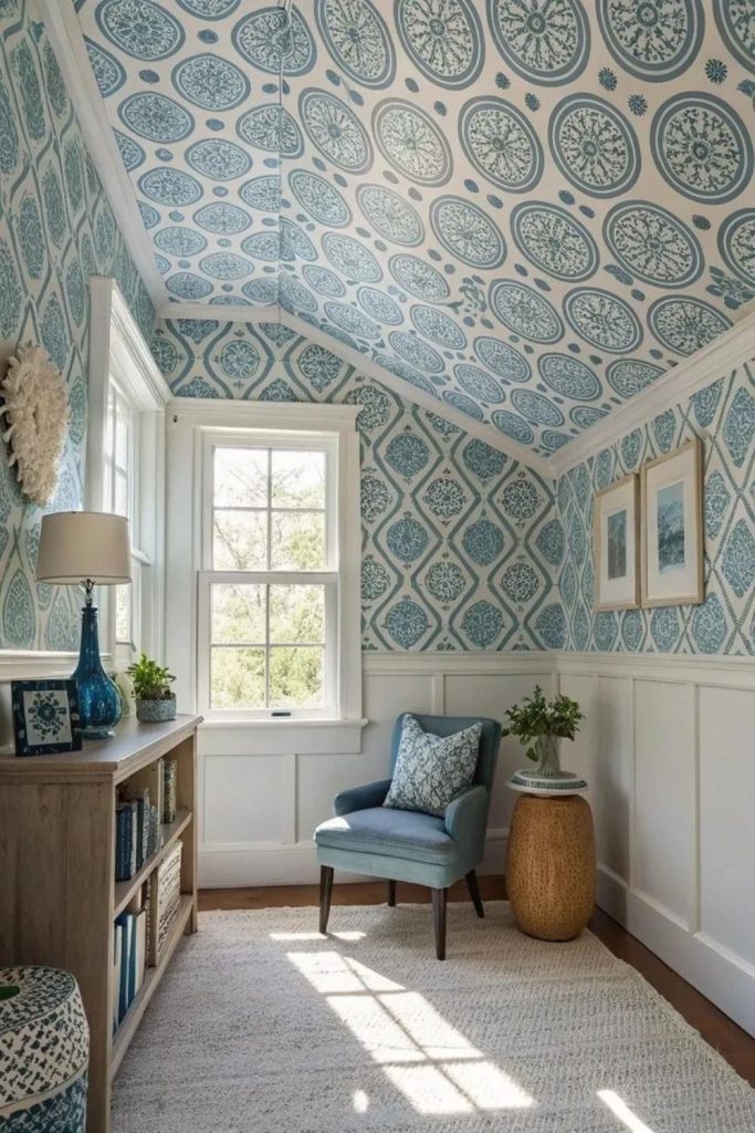 Geometric wallpaper covering a statement ceiling.