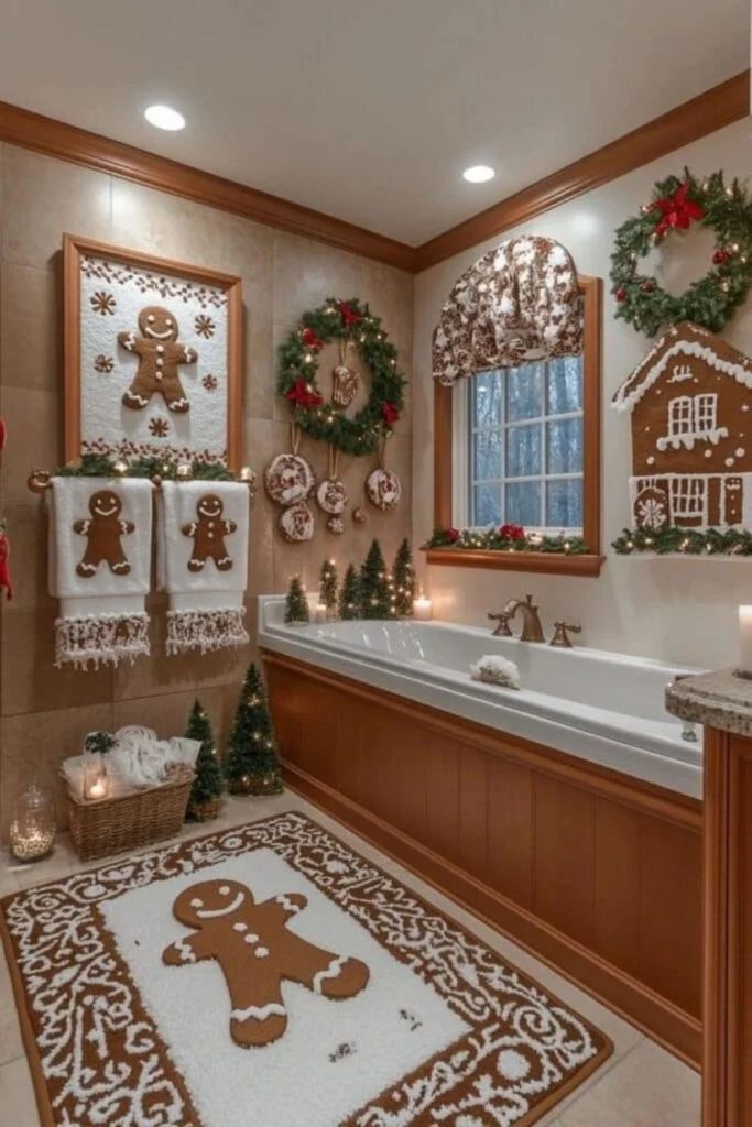 Gingerbread-themed Christmas bathroom with playful festive accessories.