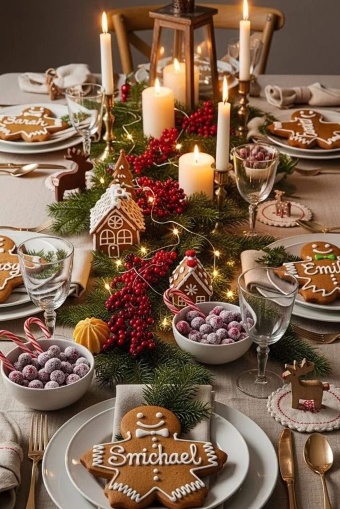 Charming gingerbread Christmas dining table centerpiece.