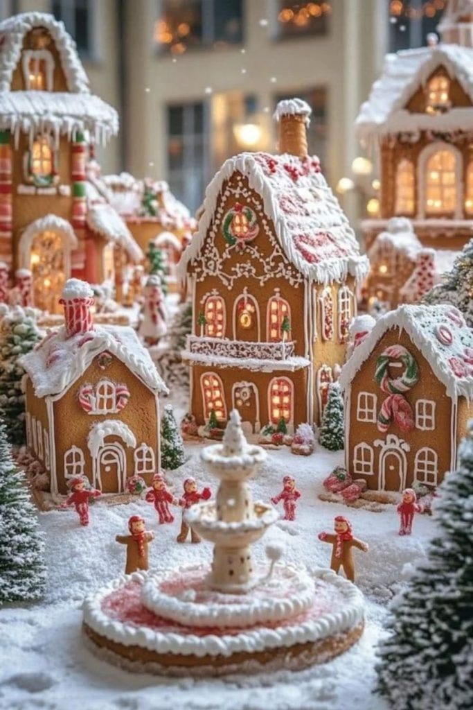 Gingerbread Christmas village with candy decorations.
