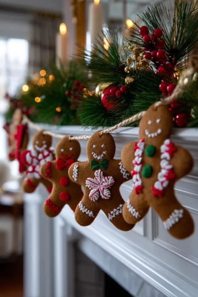 Gingerbread Christmas garland with festive decorations.