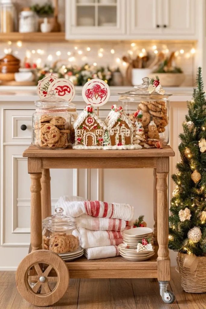 Gingerbread Christmas bar cart with sweet holiday decorations.